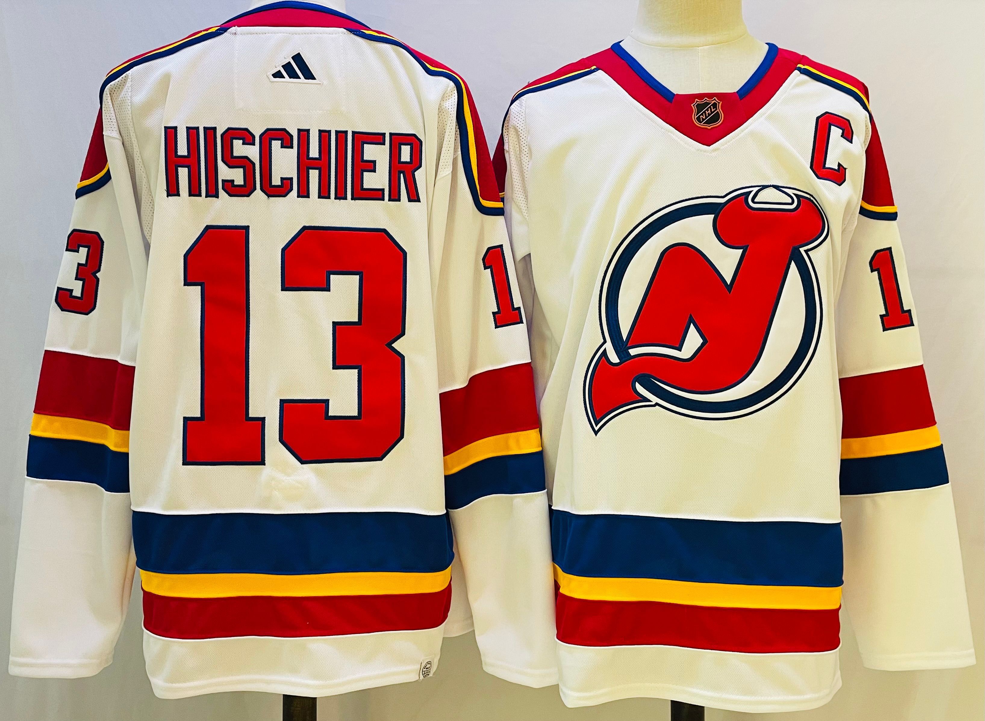 Men New Jersey Devils #13 Hischier White Throwback 2022 Adidas NHL Jersey